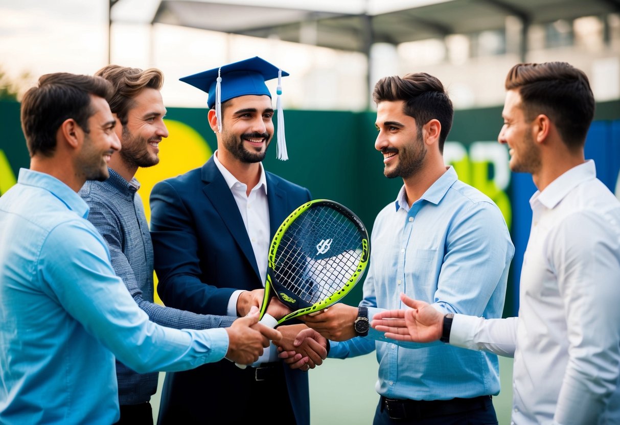 En gruppe mænd giver en ny padel-tennis-ketsjer til en studerende der dimitterer som gave
